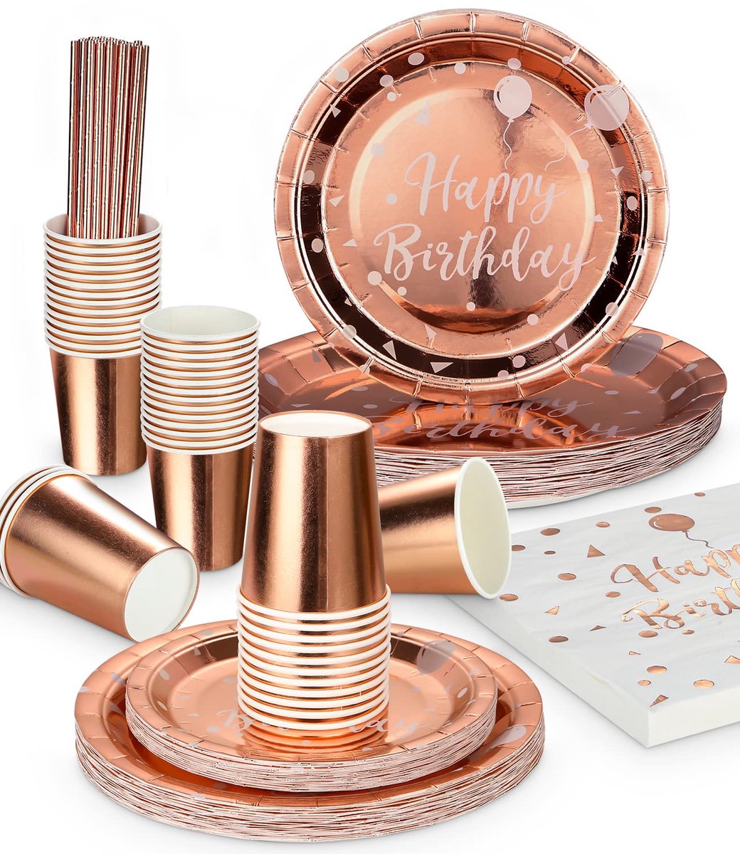 Verjaardagsservies 125 Delen - Roze Gouden Disposable - Borden & Bekers Happy Birthday