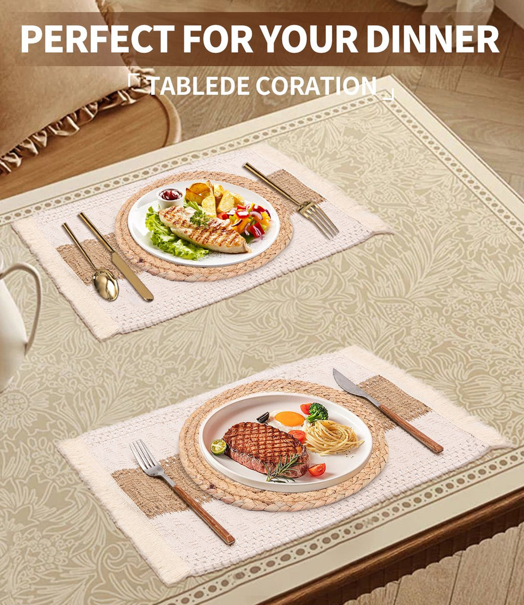 12-delige set - Placemats - Ronde handgeweven natuurlijke placemats - Boheemse landelijke stijl - Bruin en wit - 38 cm