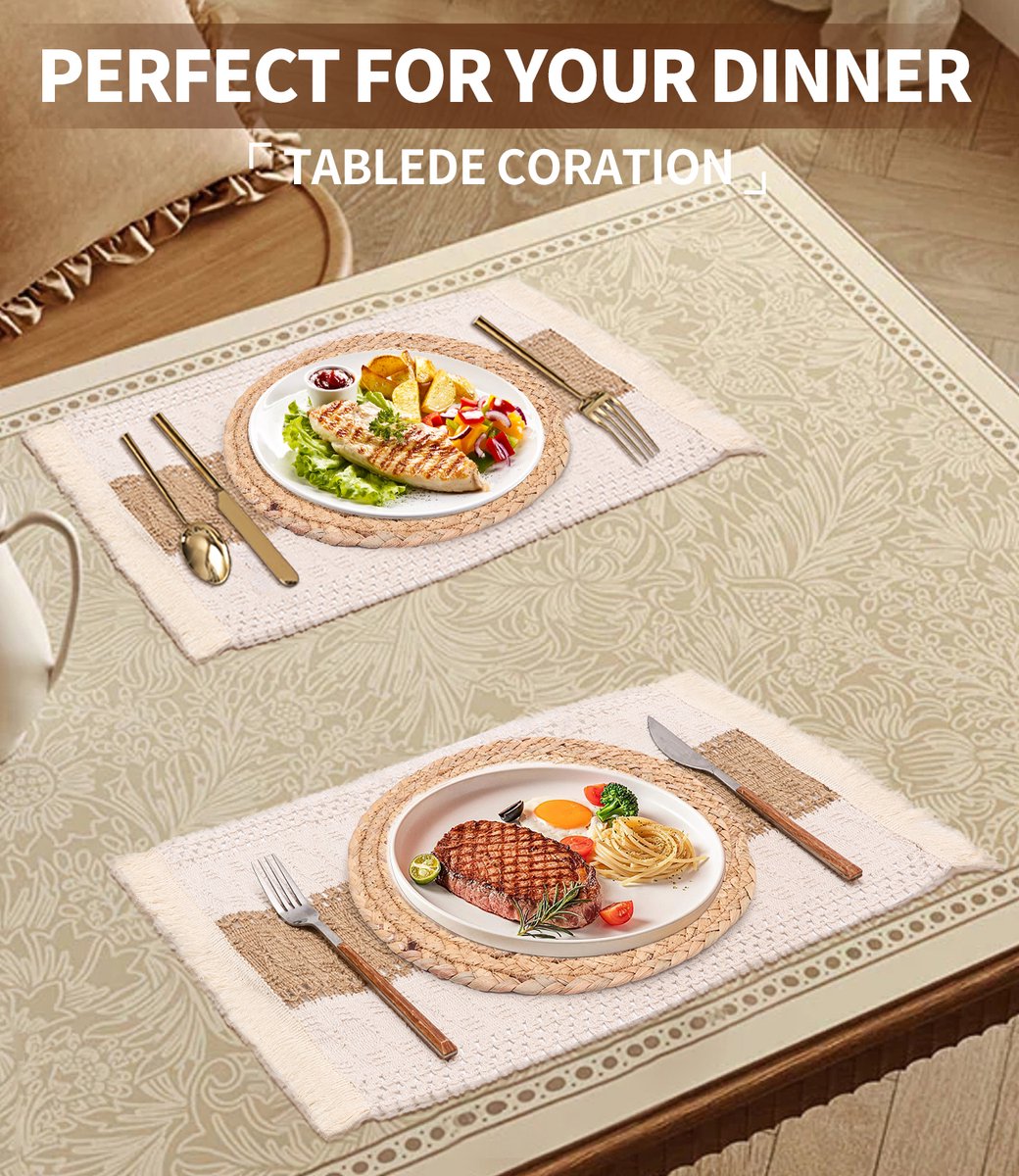 12-delige set - Placemats - Ronde handgeweven natuurlijke placemats - Boheemse landelijke stijl - Bruin en wit - 38 cm