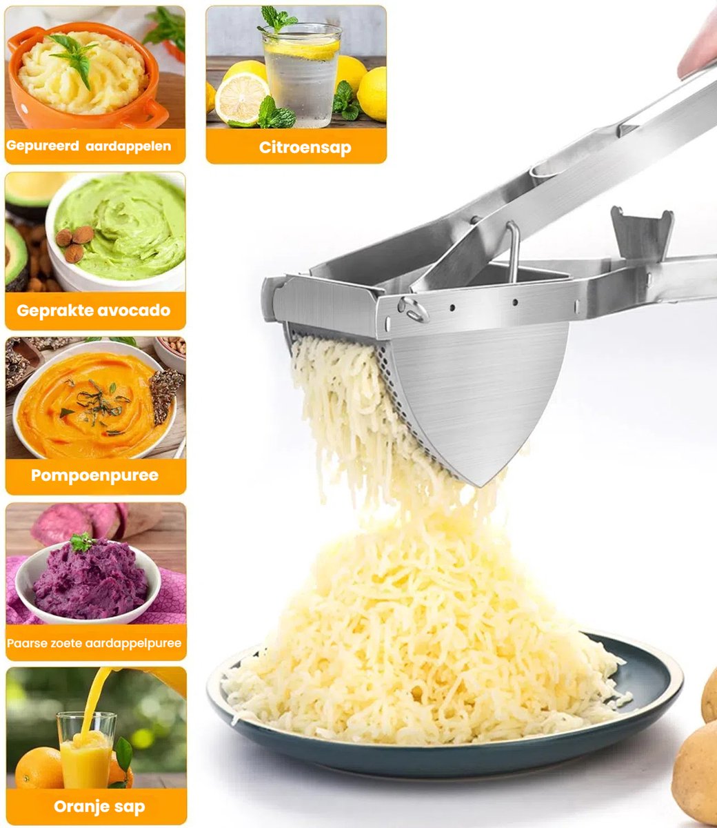 Pureestampers-Stainless Steel Potato Masher Set - 3-delige set met pers schraper en borstel - Handmatige pureemaker voor aardappelen groenten en fruit - Geschikt voor keuken en babyvoeding