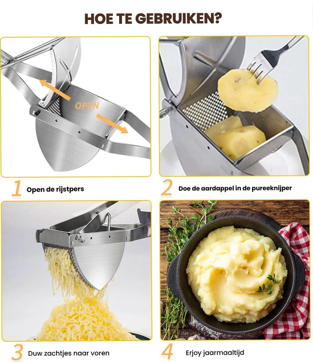 Pureestampers-Stainless Steel Potato Masher Set - 3-delige set met pers schraper en borstel - Handmatige pureemaker voor aardappelen groenten en fruit - Geschikt voor keuken en babyvoeding