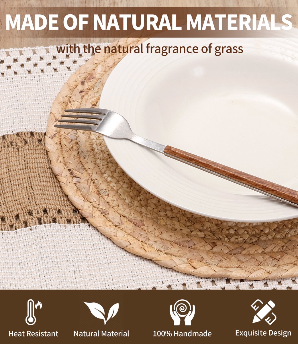 12-delige set - Placemats - Ronde handgeweven natuurlijke placemats - Boheemse landelijke stijl - Bruin en wit - 38 cm