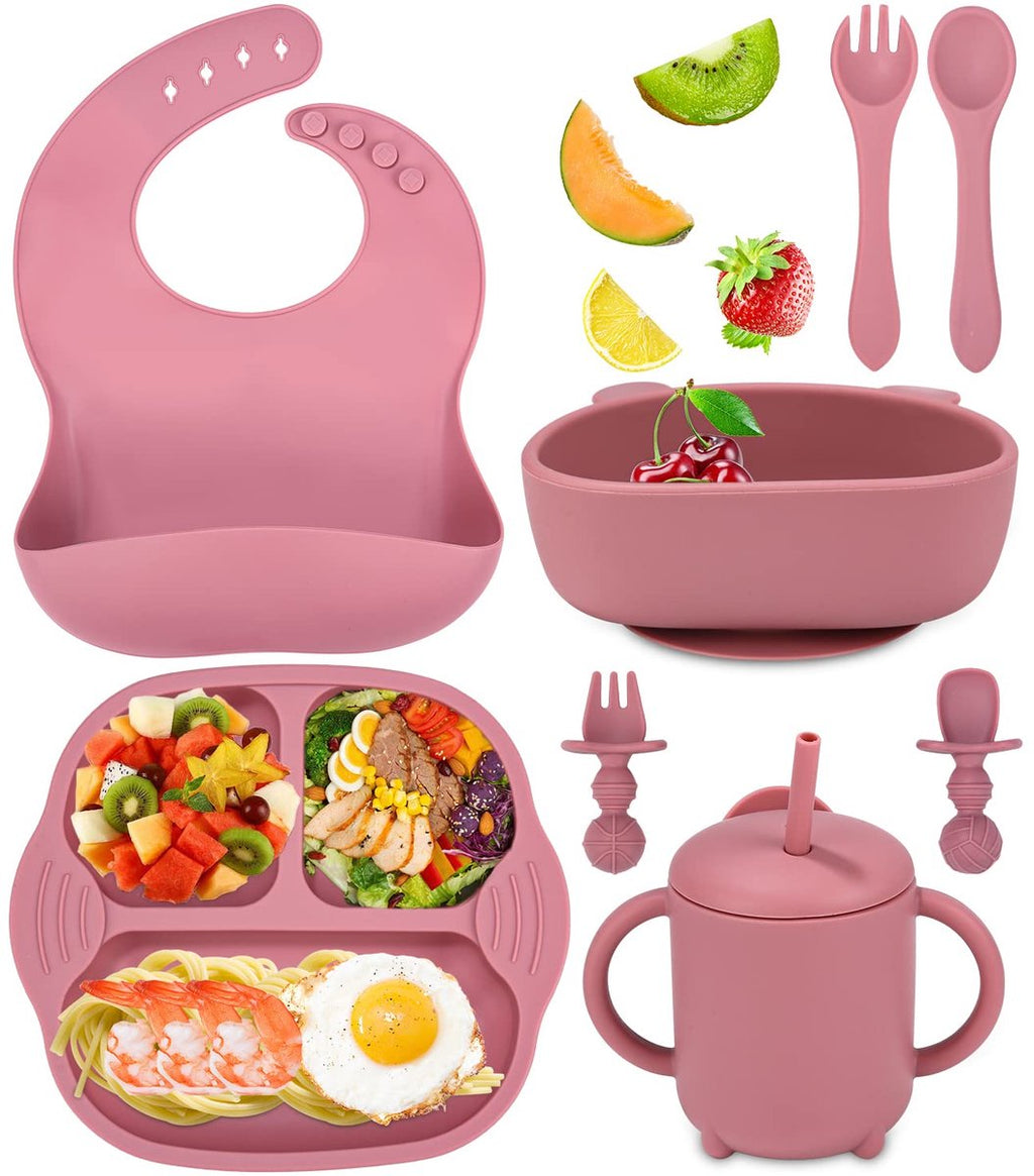 Baby Eetwaren Set 8-delig - Zuignap Borden & Kom - Siliconen Leer-eten Set met Slabbertje en Drinkbeker - Geschikt voor Magnetron & Vaatwasser