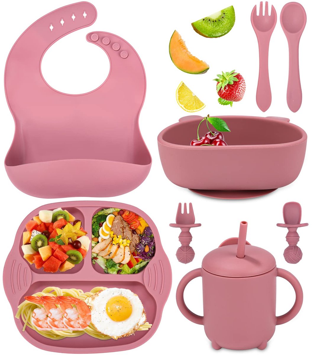 Baby Eetwaren Set 8-delig - Zuignap Borden & Kom - Siliconen Leer-eten Set met Slabbertje en Drinkbeker - Geschikt voor Magnetron & Vaatwasser