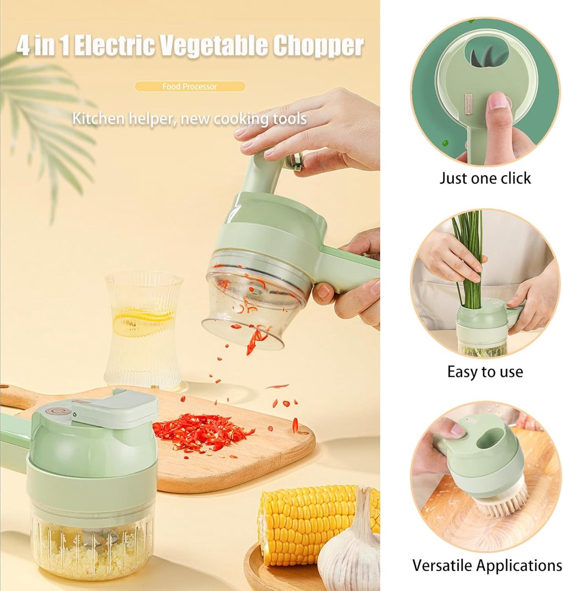 4-in-1 elektrische groentesnijder - Handhakker - Slim keukenapparaat - Kan gebruikt worden om paprika's, knoflook, uien, selderij en vlees te snijden - Groen