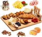 Bamboe kaasplank - Delicatessenplankenset - Kaasbordenset - Houten snackplank - Inclusief kaasmes en -vork - Houten handvat - Wordt geleverd met 4 roestvrijstalen messen