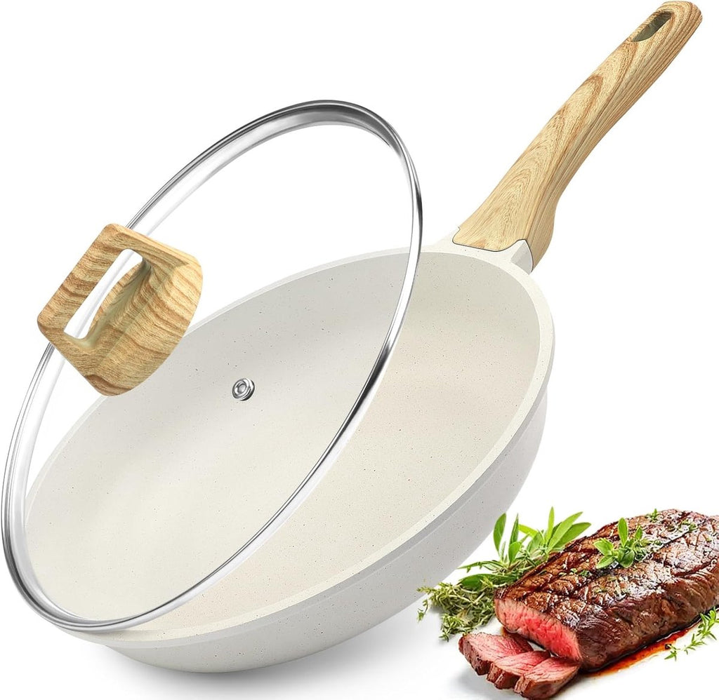 Koekenpan met deksel - Eierpan - met hittebestendig handvat - geschikt voor inductiekookplaten - 28 cm - wit
