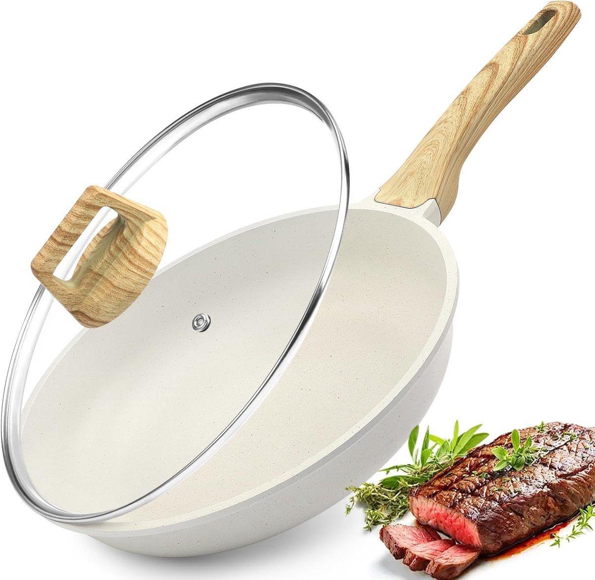 Koekenpan met deksel - Eierpan - met hittebestendig handvat - geschikt voor inductiekookplaten - 28 cm - wit