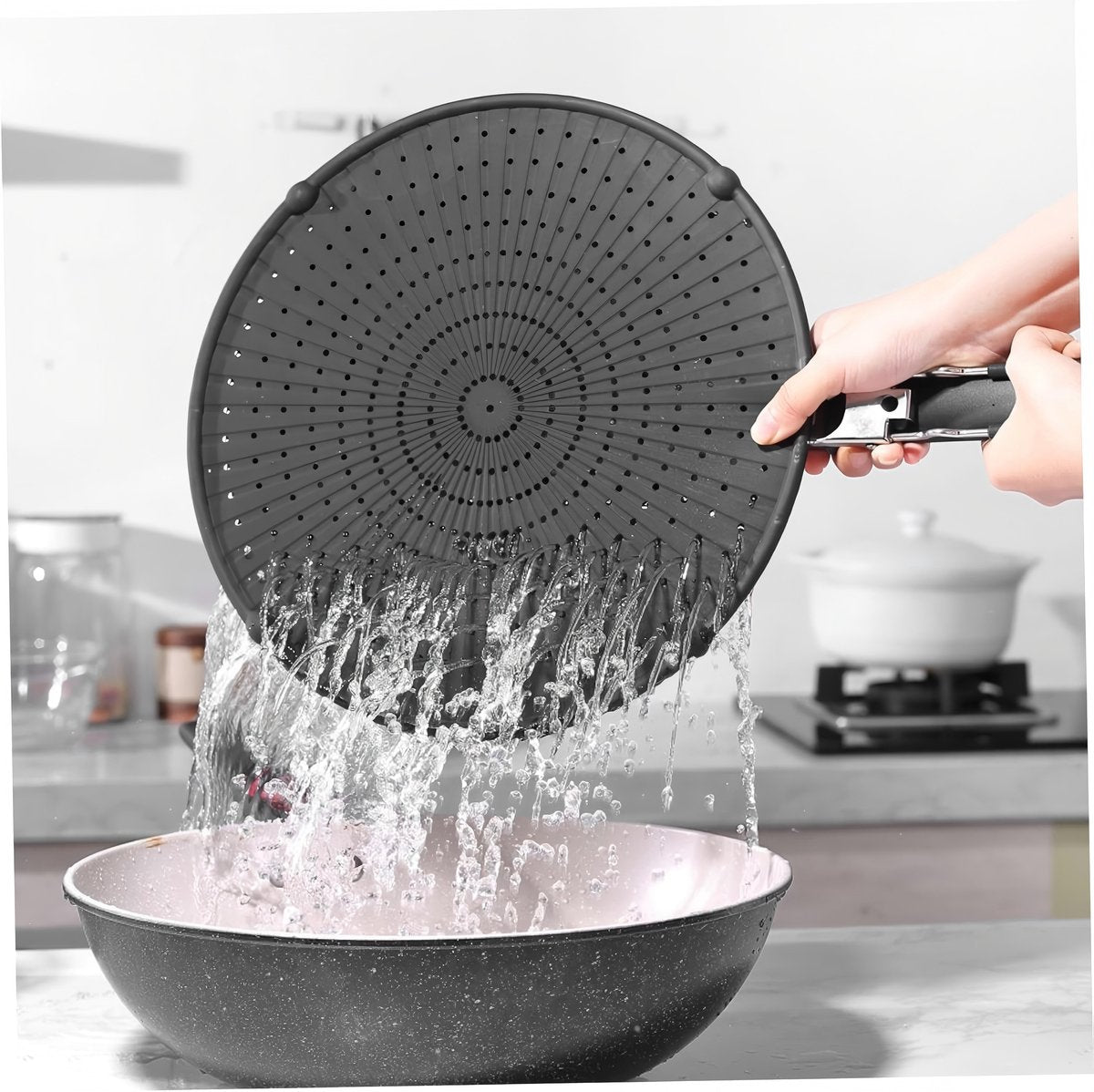 Allecta - Silicone spatbescherming voor pannen, 32 cm met inklapbare handgreep, spatbescherming tegen vetspatten - zwart