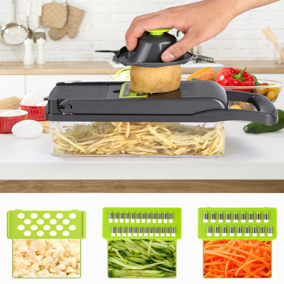 Groentesnijder - 15-in-1 groentesnijder - Onmisbaar in de keuken - Ontwerp met 8 messen - Snijdt uien, aardappelen, tomaten, komkommers, wortelen, enz. - Groen
