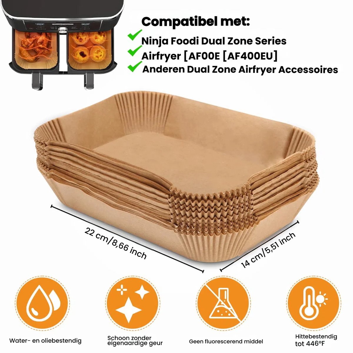 200 vellen - Bakpapier voor de airfryer - Antiaanbakbakpapier - Geschikt voor de Ninja airfryer - Afmeting: 22 x 14 cm - Rechthoekig