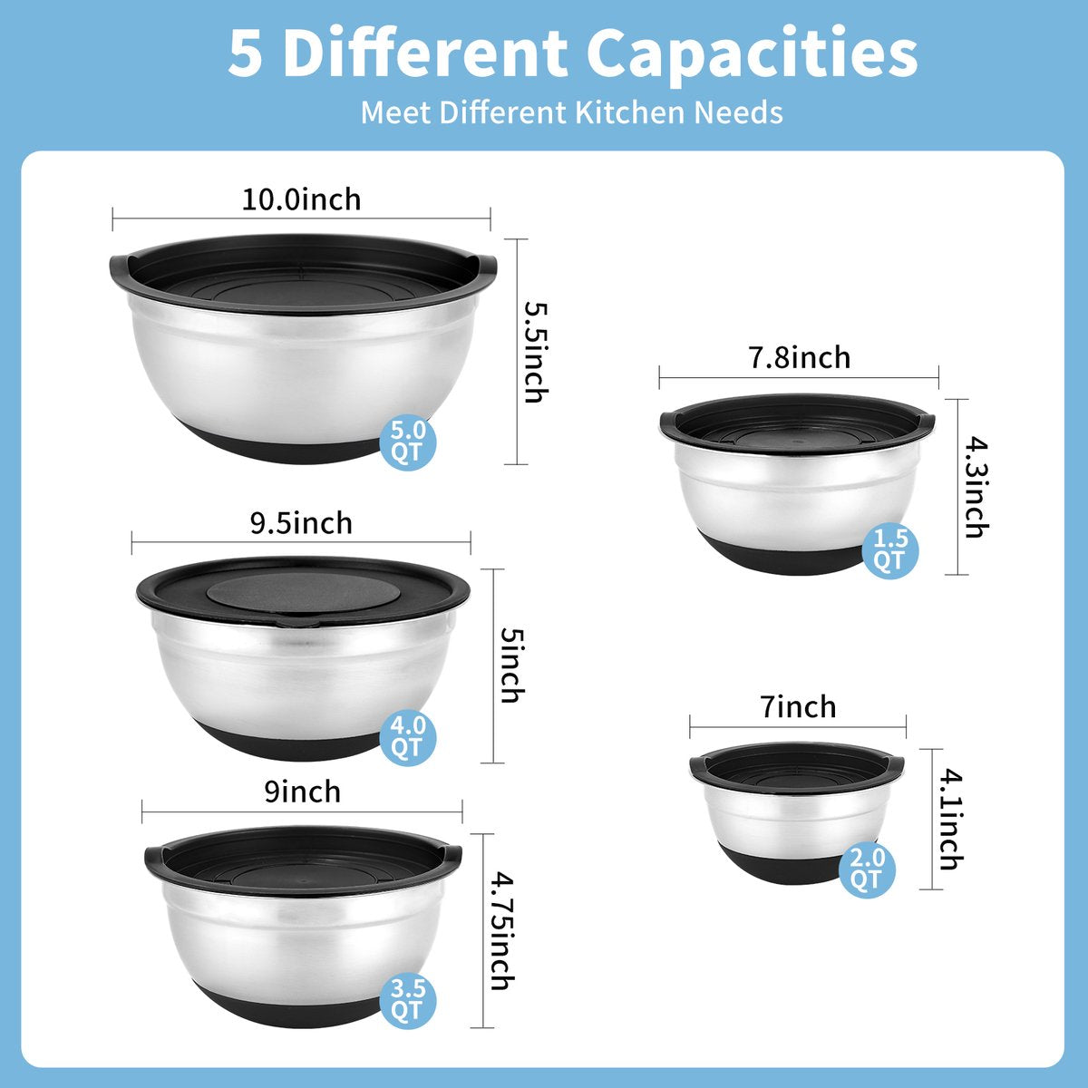 8-delige set - Stapelbare mengkommen - Keukenkommen - Serveerschalen - Inclusief 3 raspoppen en antislipbodem - Maten: 5, 4, 3,5, 2, 1,5 liter