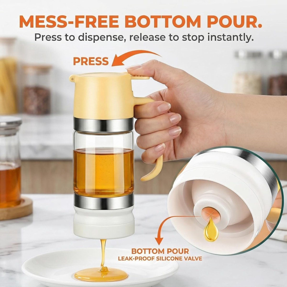Dispenser voor gecondenseerde melk - Honingdispenser - Met voet - Geschikt voor in de keuken, voor pannenkoeken, koffie en gecondenseerde melk - Geel