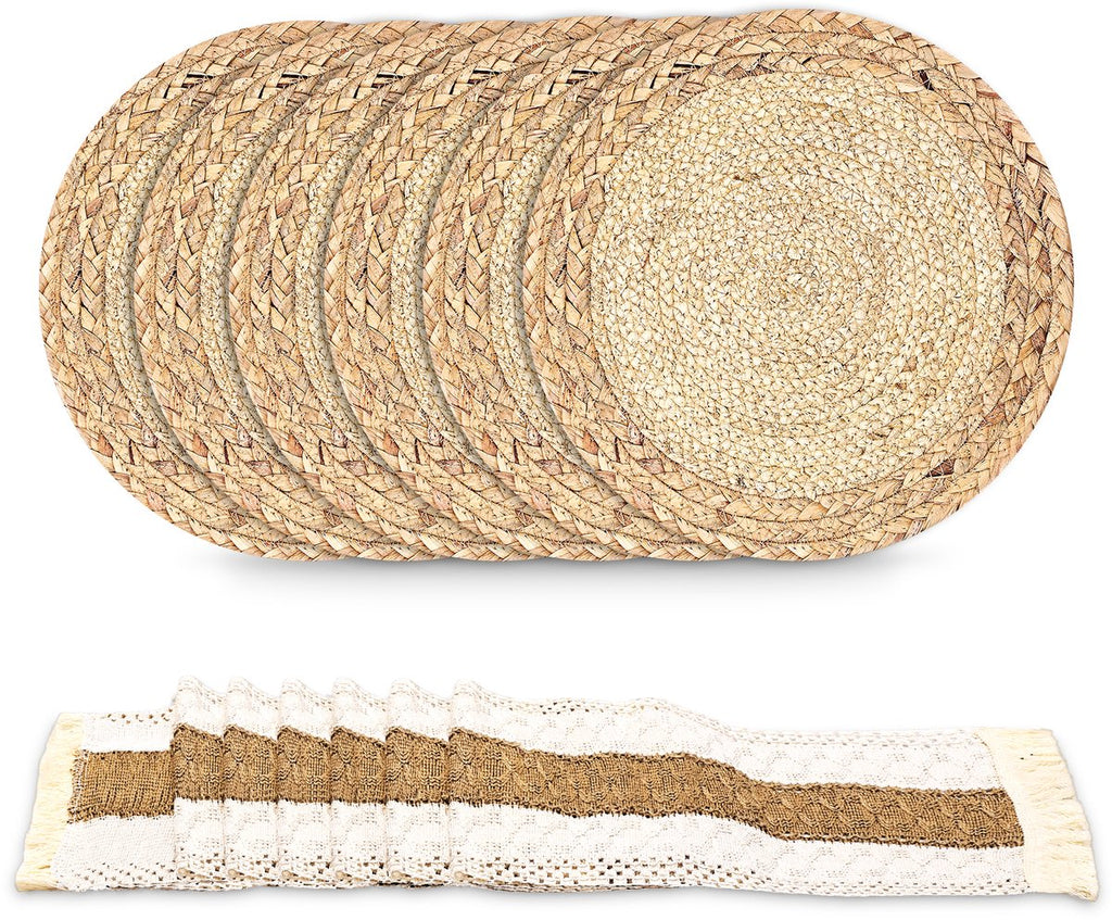 12-delige set - Placemats - Ronde handgeweven natuurlijke placemats - Boheemse landelijke stijl - Bruin en wit - 38 cm