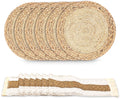 12-delige set - Placemats - Ronde handgeweven natuurlijke placemats - Boheemse landelijke stijl - Bruin en wit - 38 cm