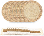 12-delige set - Placemats - Ronde handgeweven natuurlijke placemats - Boheemse landelijke stijl - Bruin en wit - 38 cm