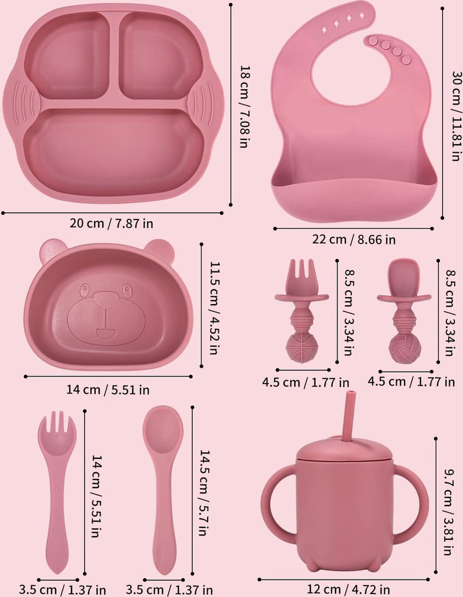Baby Eetwaren Set 8-delig - Zuignap Borden & Kom - Siliconen Leer-eten Set met Slabbertje en Drinkbeker - Geschikt voor Magnetron & Vaatwasser