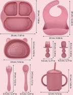 Baby Eetwaren Set 8-delig - Zuignap Borden & Kom - Siliconen Leer-eten Set met Slabbertje en Drinkbeker - Geschikt voor Magnetron & Vaatwasser