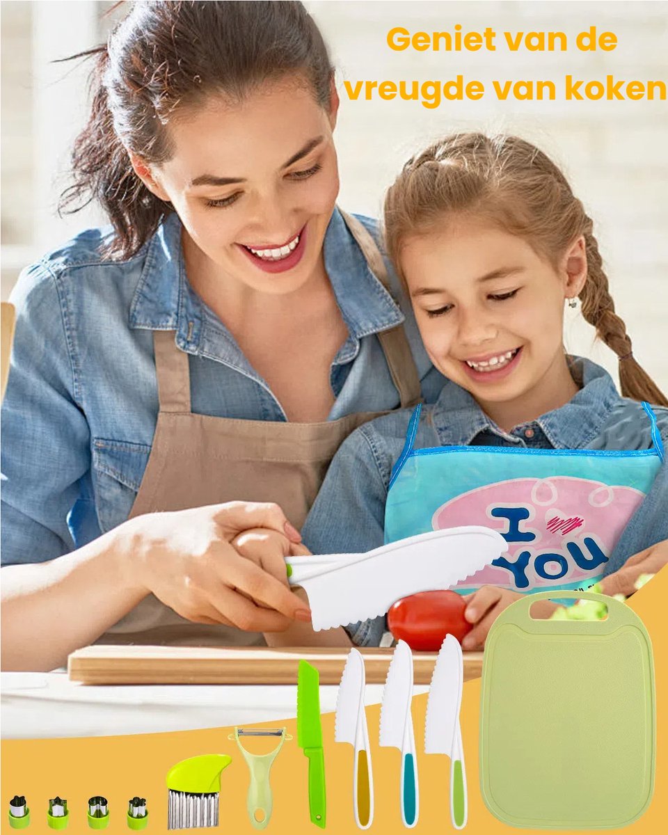 Kindermessenset - 15-delige keukenmessenset - Keukenbenodigdheden - Veilig voor het snijden en koken van groenten en fruit - Inclusief koksmes, fruitmes