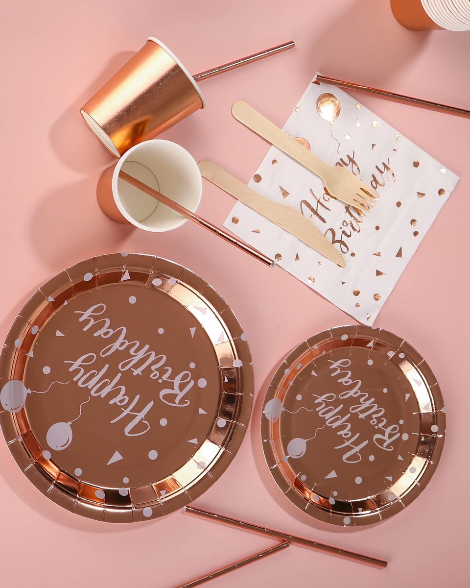 Verjaardagsservies 125 Delen - Roze Gouden Disposable - Borden & Bekers Happy Birthday