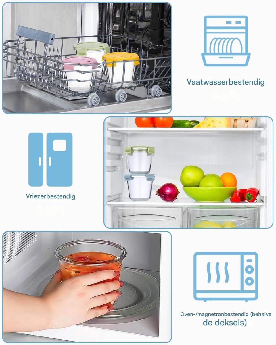 Glas Bewaarbakken Set - 700ml Luchtdichte Voedselbewaar Bakjes - Oven, Magnetron & Vriezer Bestendig - BPA-vrije Afsluitdeksels