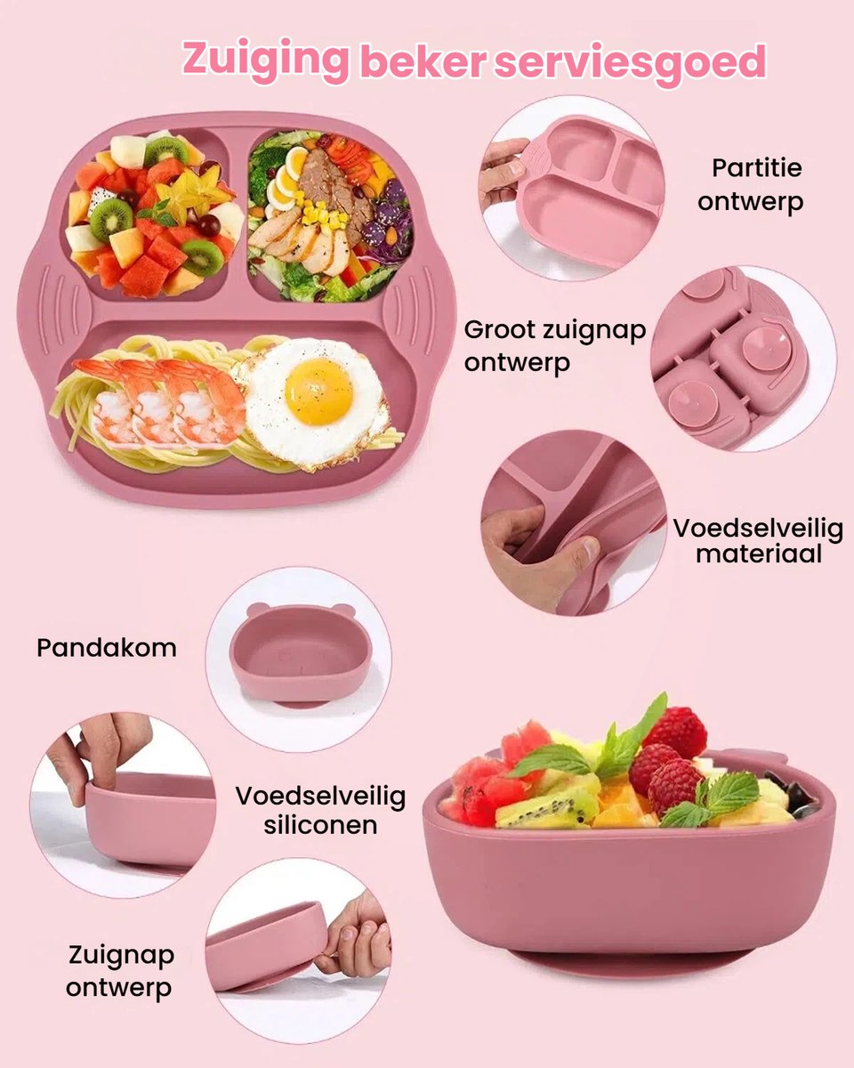 Baby Eetwaren Set 8-delig - Zuignap Borden & Kom - Siliconen Leer-eten Set met Slabbertje en Drinkbeker - Geschikt voor Magnetron & Vaatwasser