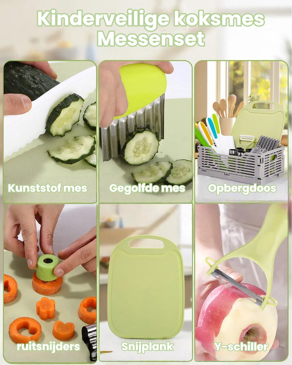 Kindermessenset - 15-delige keukenmessenset - Keukenbenodigdheden - Veilig voor het snijden en koken van groenten en fruit - Inclusief koksmes, fruitmes
