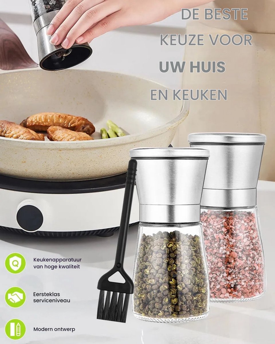 2 stuks - Kruidenmolen - Zout- en pepermolen - Met handmatig verstelbare keramische maalkern - Verstelbare maalgraad - Met schoonmaakborstel