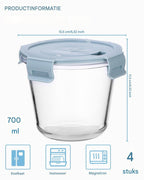 Glas Bewaarbakken Set - 700ml Luchtdichte Voedselbewaar Bakjes - Oven, Magnetron & Vriezer Bestendig - BPA-vrije Afsluitdeksels