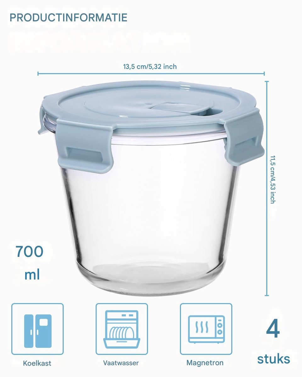 Glas Bewaarbakken Set - 700ml Luchtdichte Voedselbewaar Bakjes - Oven, Magnetron & Vriezer Bestendig - BPA-vrije Afsluitdeksels