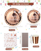Verjaardagsservies 125 Delen - Roze Gouden Disposable - Borden & Bekers Happy Birthday