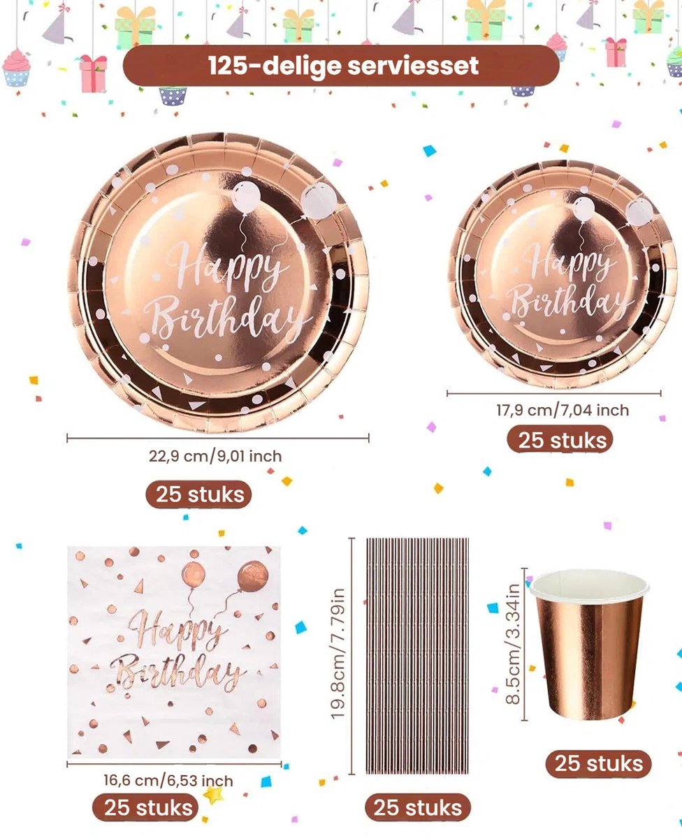 Verjaardagsservies 125 Delen - Roze Gouden Disposable - Borden & Bekers Happy Birthday