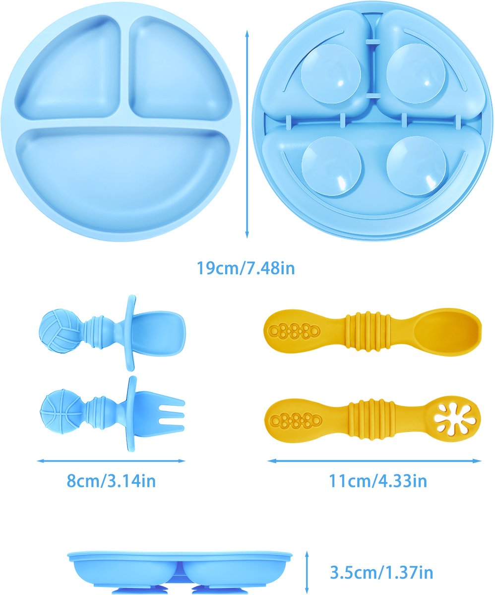 3 stuks - Peuterbord met zuignap - Babybord - Stabiel en veilig bestek - Verdeeld ontwerp, geschikt voor kieskeurige eters - Geschikt voor magnetron en vaatwasser